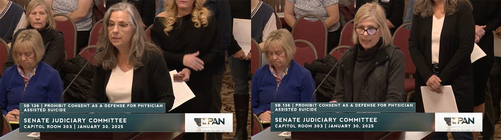 Leslie Mutcher (left) and Roberta King (right), daughters of Bob Baxter, testify before the Senate Judiciary Committee Thursday.