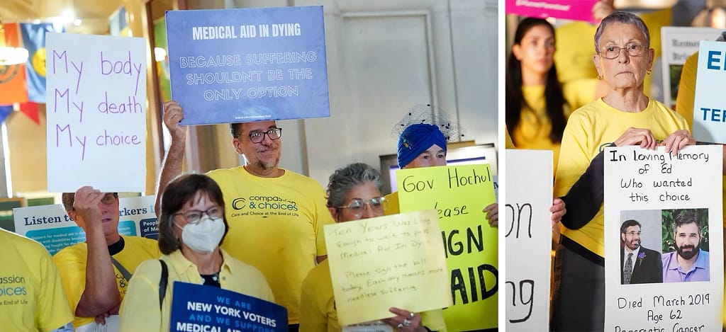 Supporters gather in the New York State Capitol building to advocate for medical aid in dying.