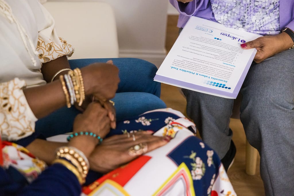 A family walks through the Dementia Values & Priorities Tool