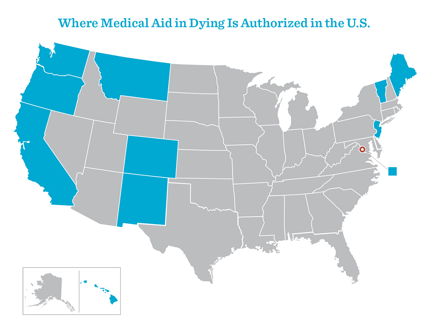 Map of the United States with states that have authorized Medical Aid in Dying Highlighted