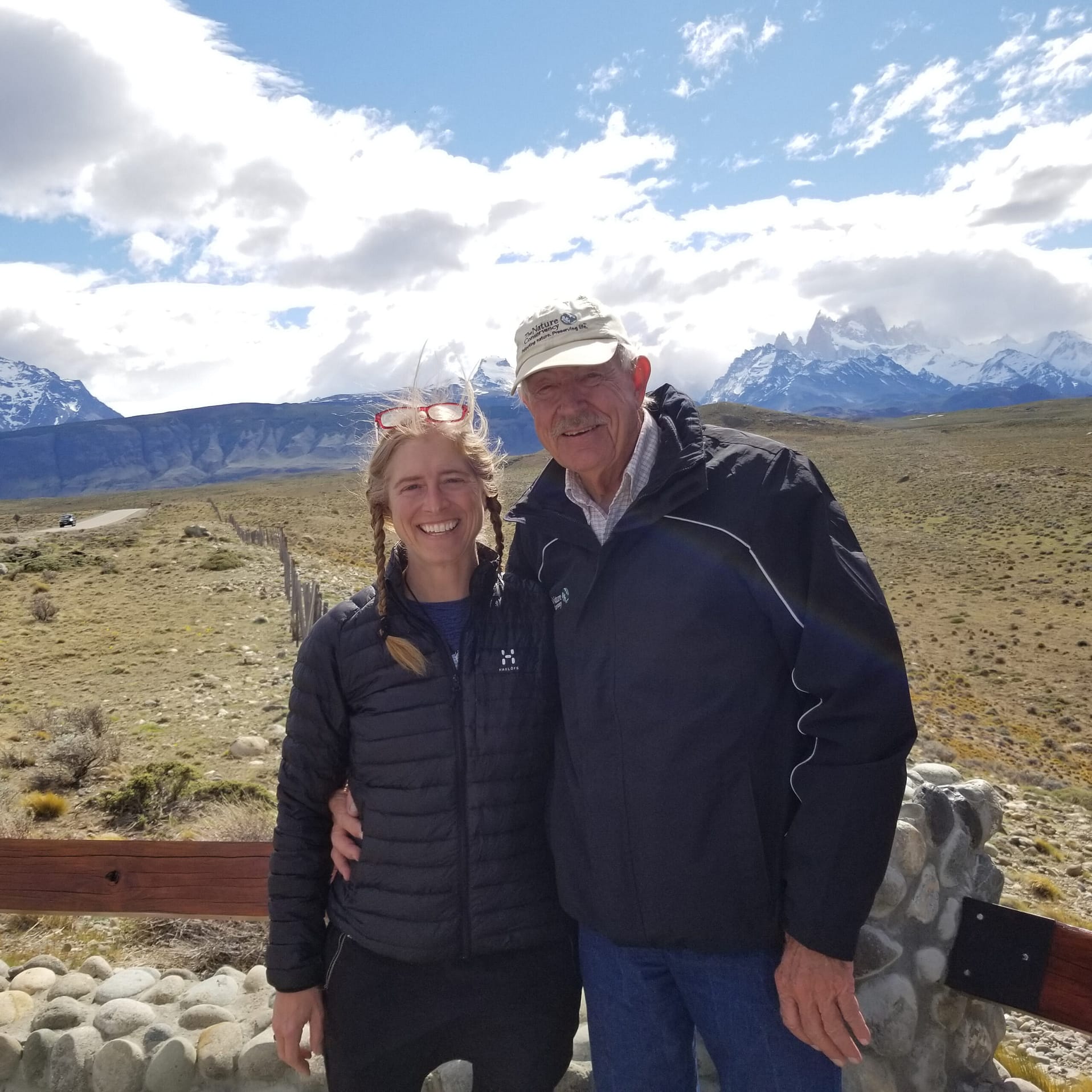 Jo Myers with her father Thomas in Patagonia, Arizona in front of a mountain range