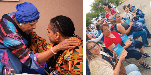 (L) A tender moment at The Journey Home event. (R) Supporters in attendance at an event with the Latinx Task Force hold up one of our Spanish-language end-of-life planning tools at an event.