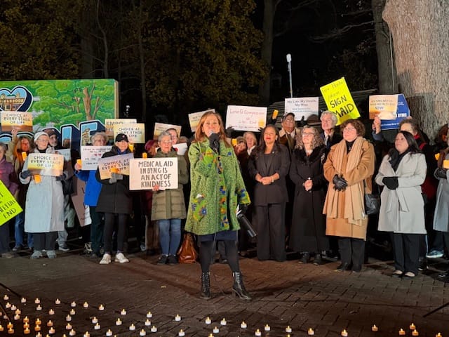 Assemblywoman Amy Paulin speaking in front of supporters at Chase Park in Scarsdale, NY