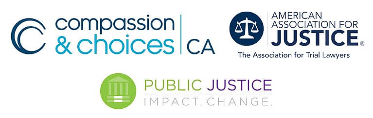 Compassion & Choices California, American Association For Justice and Public Justice logos