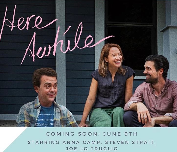 Three people laugh on cover of movie Here Awhile