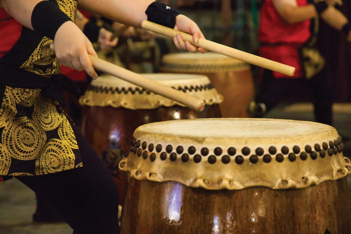 Close up of sticks and Taiko drum at the Big Island Art and Science Summit in Hilo, Hawai‘i.